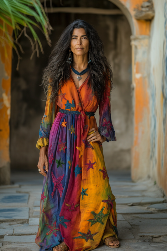 Vintage Loose Linen Patchwork Rainbow Contrast Dress 02b3