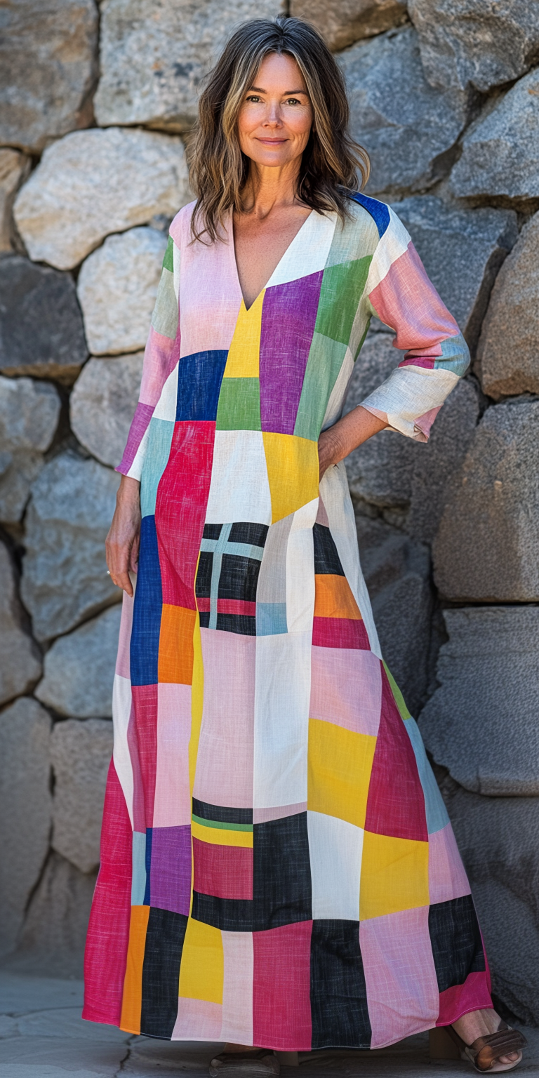 Vintage Loose Linen Patchwork Dress ffc1