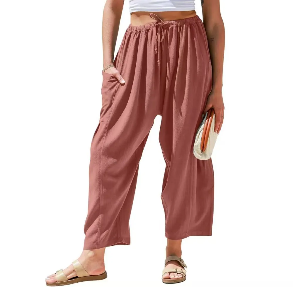 TARSE Women's Linen Wide Leg Pants – Casual Loose-Fit Palazzo Harem Pants with Pockets for Summer Beach Outfits
