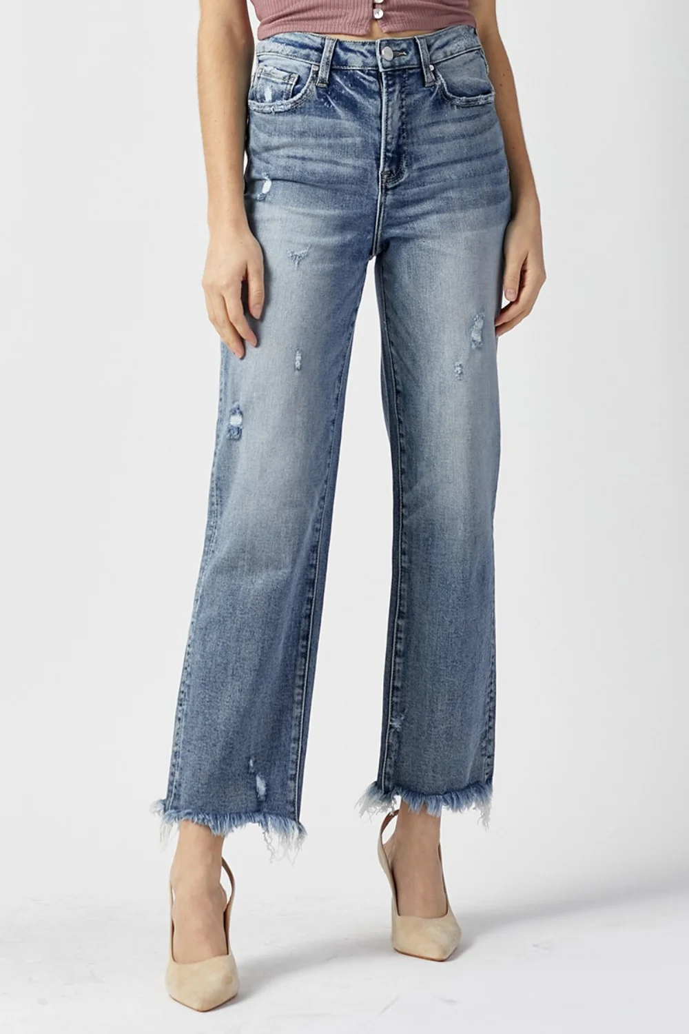High Waist Raw Hem Straight Jeans