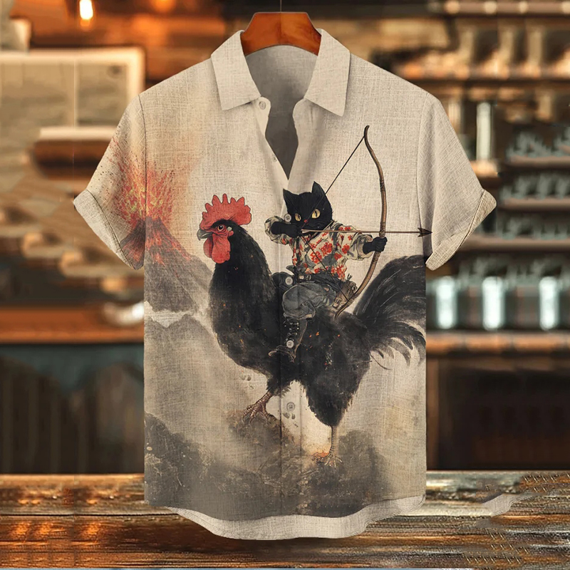 Men's Retro Black Cat Archer And Chicken Print Short Sleeve Shirt