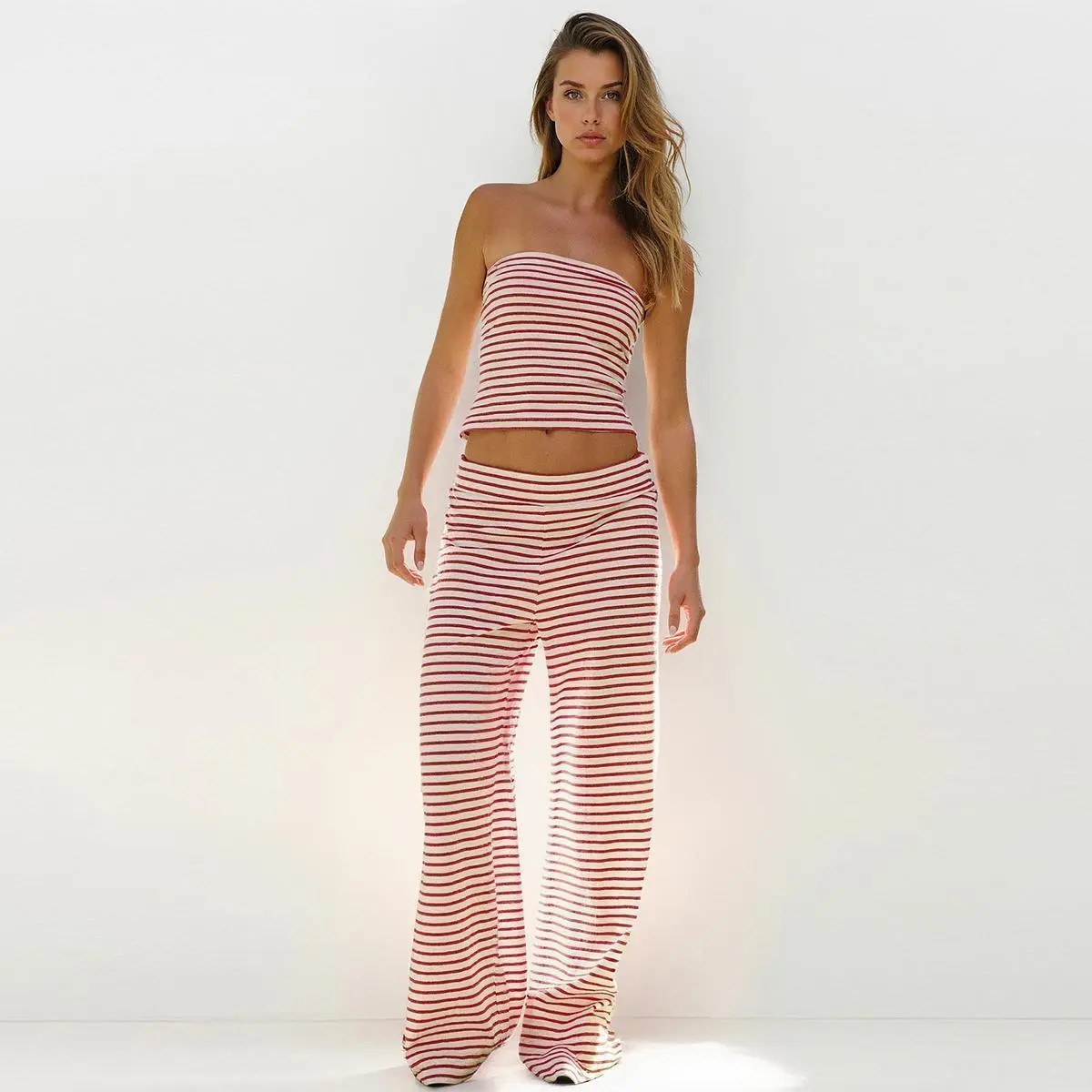 Women's Chic Color Matching Stripe Slim Tube Top & Low-Rise Wide Leg Trousers Co-ord, Soft Spring & Summer Holiday Outfits