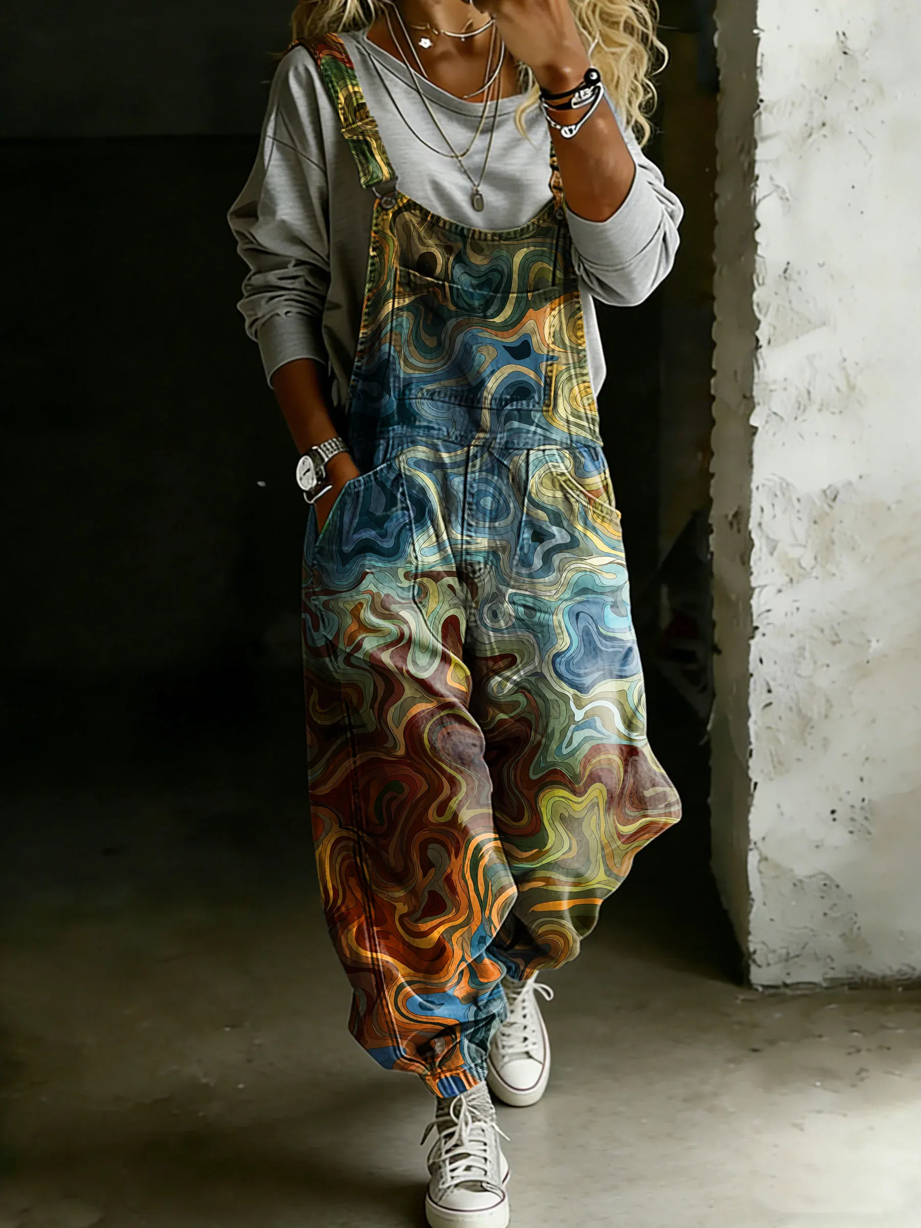 Women’s Vintage Psychedelic Art Print Casual One Piece Denim Jumpsuit