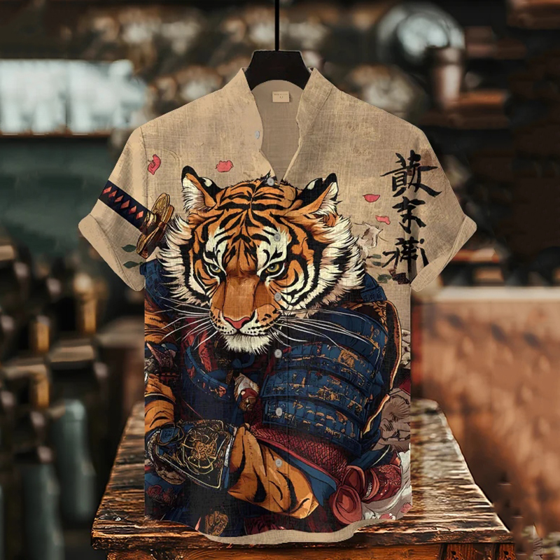 Men's Tiger Warrior Calligraphy Art Print Casual Shirt