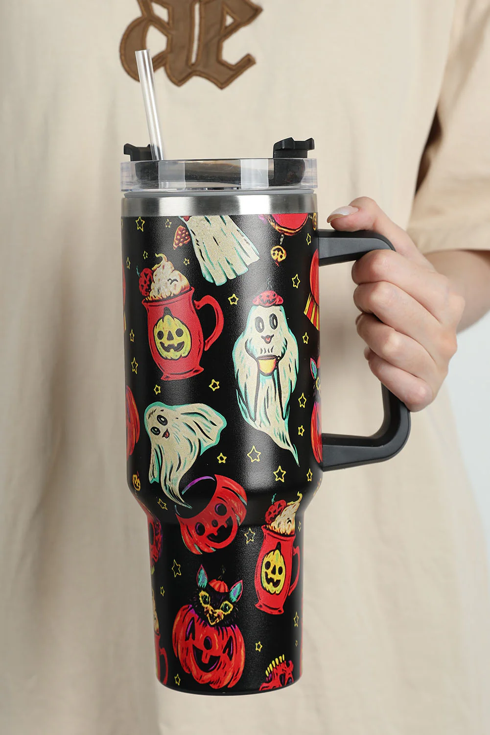 Black Halloween Ghost Pumpkin Print Large Tumbler 40oz