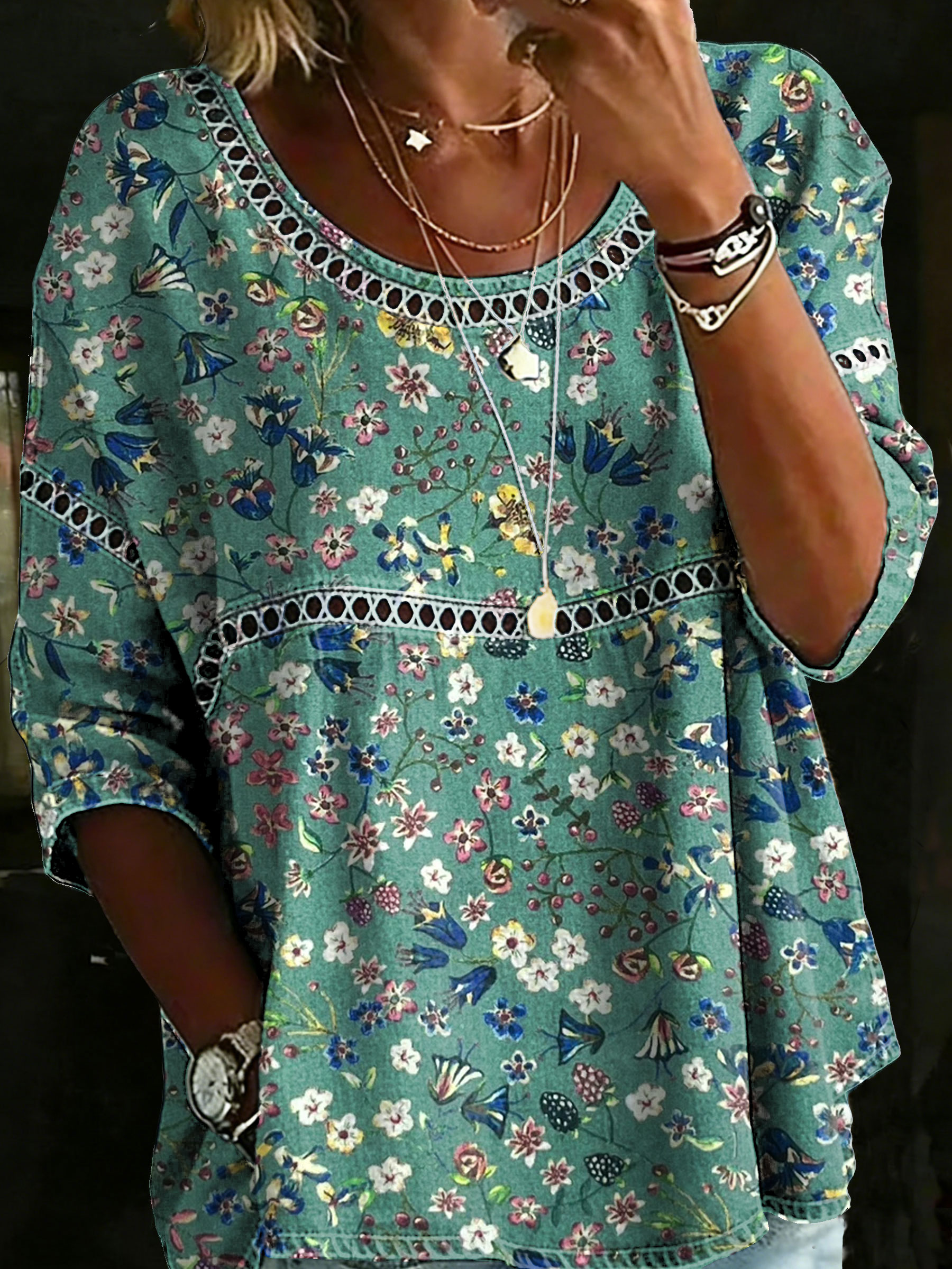 Women's Vintage Flower Casual Loose Denim Blouse Shirt