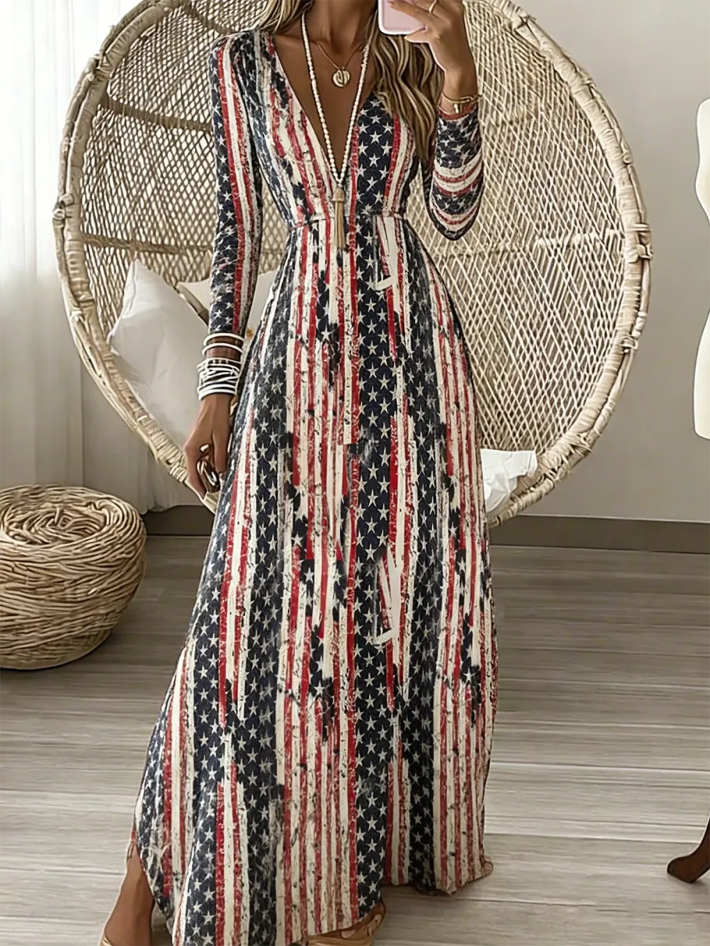 Women Geometric Spring/Fall Dress V Neck Long Sleeve A-Line Dress