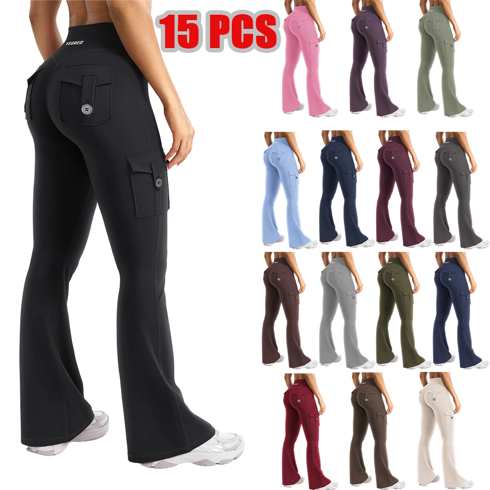 Women's Workout Flare Leggings with Pockets Hidden Scrunch High Waisted Cargo Gym Yoga