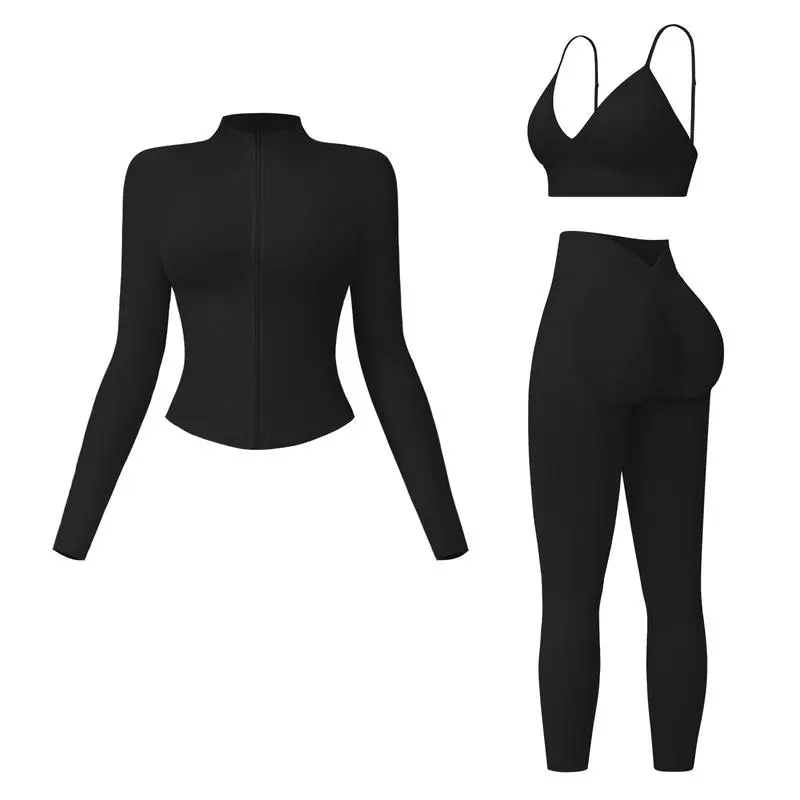 Women’s 3-Piece Seamless Workout Set – Crop Tank, Zip Jacket & High-Waist Leggings