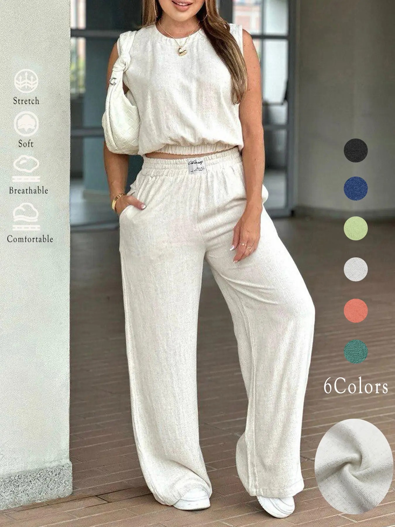 Women's Summer 2-Piece Outfit - Solid Color Tank Top & Wide Leg Elastic Waist Pants Set☀️