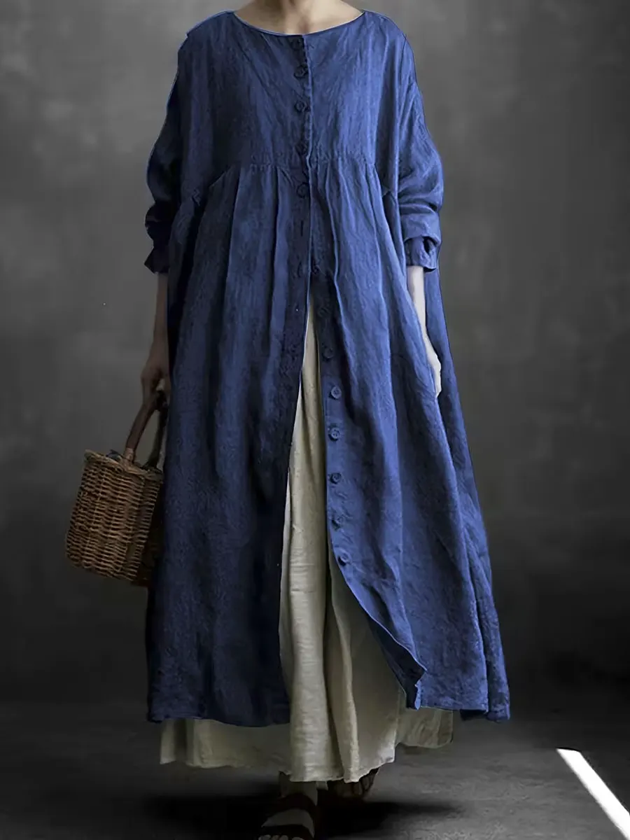 Women's Solid Color Art Casual Long Sleeve Cotton Linen Dress