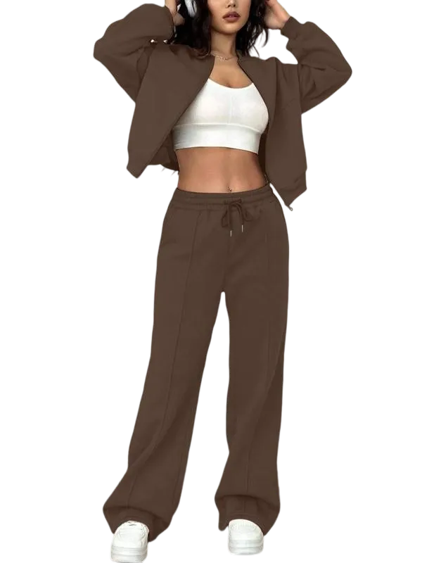 Two-piece Set Women's Solid Zip Up Drop Shoulder Jacket & Pocket Elastic Waist Pants