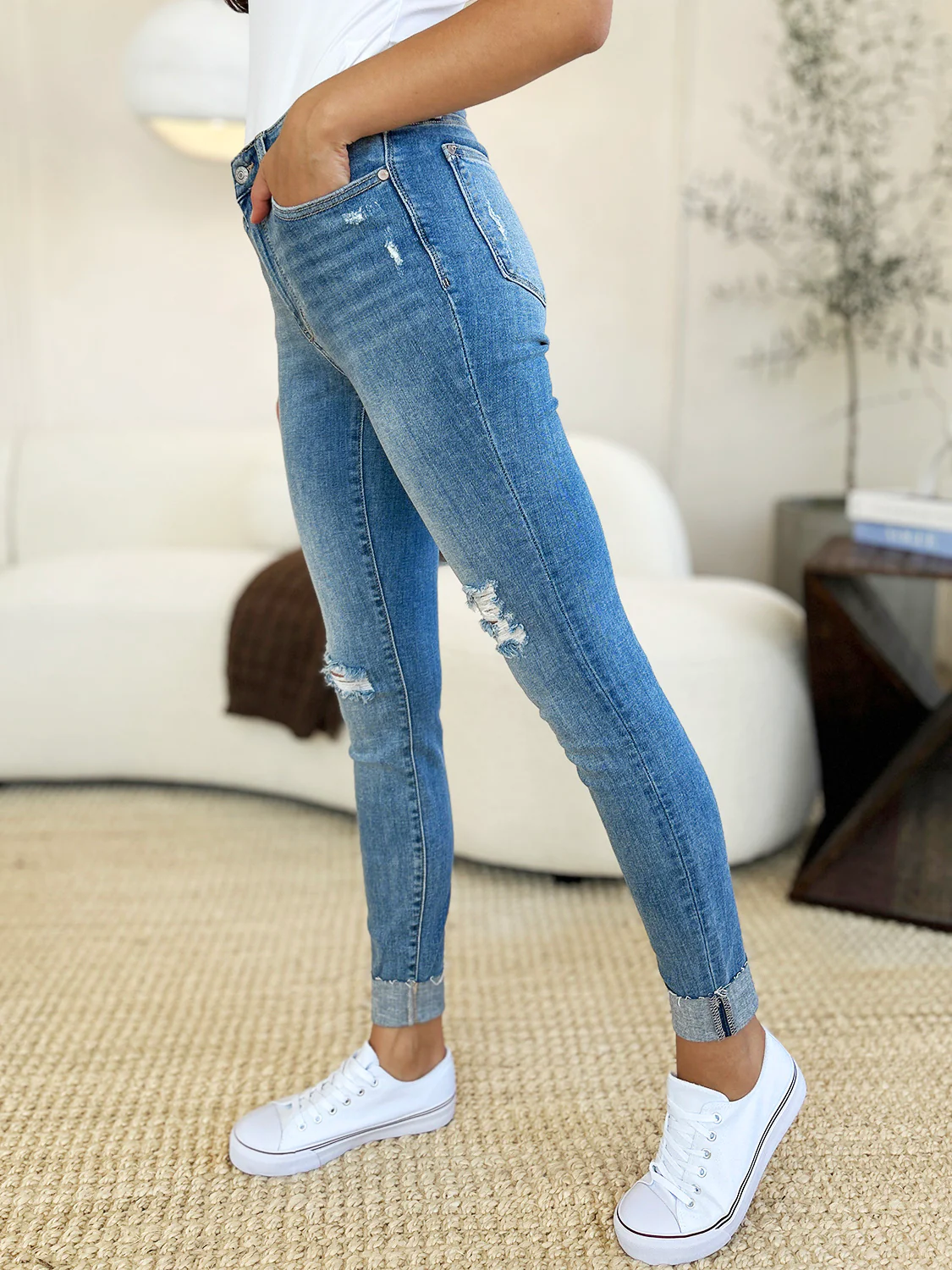 Blue Full Size Mid Rise Destroy & Cuff Skinny Jeans