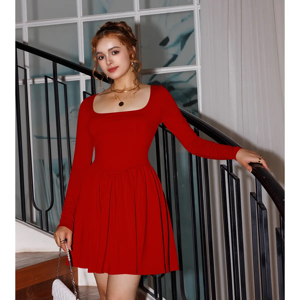 Women’s Long Sleeve Ruffle Hem Mini Dress with Pockets