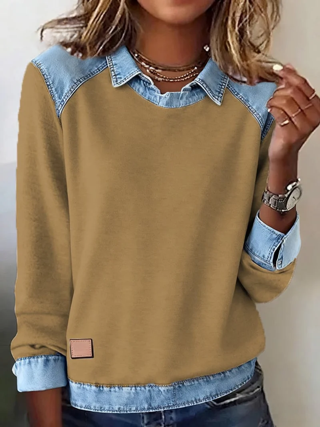 Women'S Casual Lapel Denim Stitching Pullover Sweatshirt