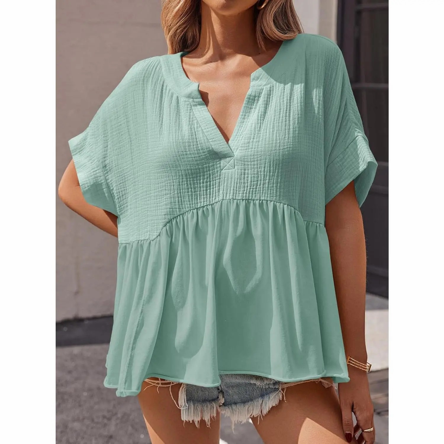 Womens Summer Babydoll Tops V Neck Short Sleeve Pleated Flowy Shirts