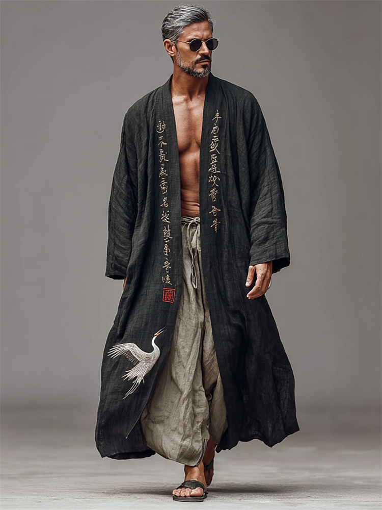 Men's Japanese Crane Calligraphy Art Long Linen Kimono