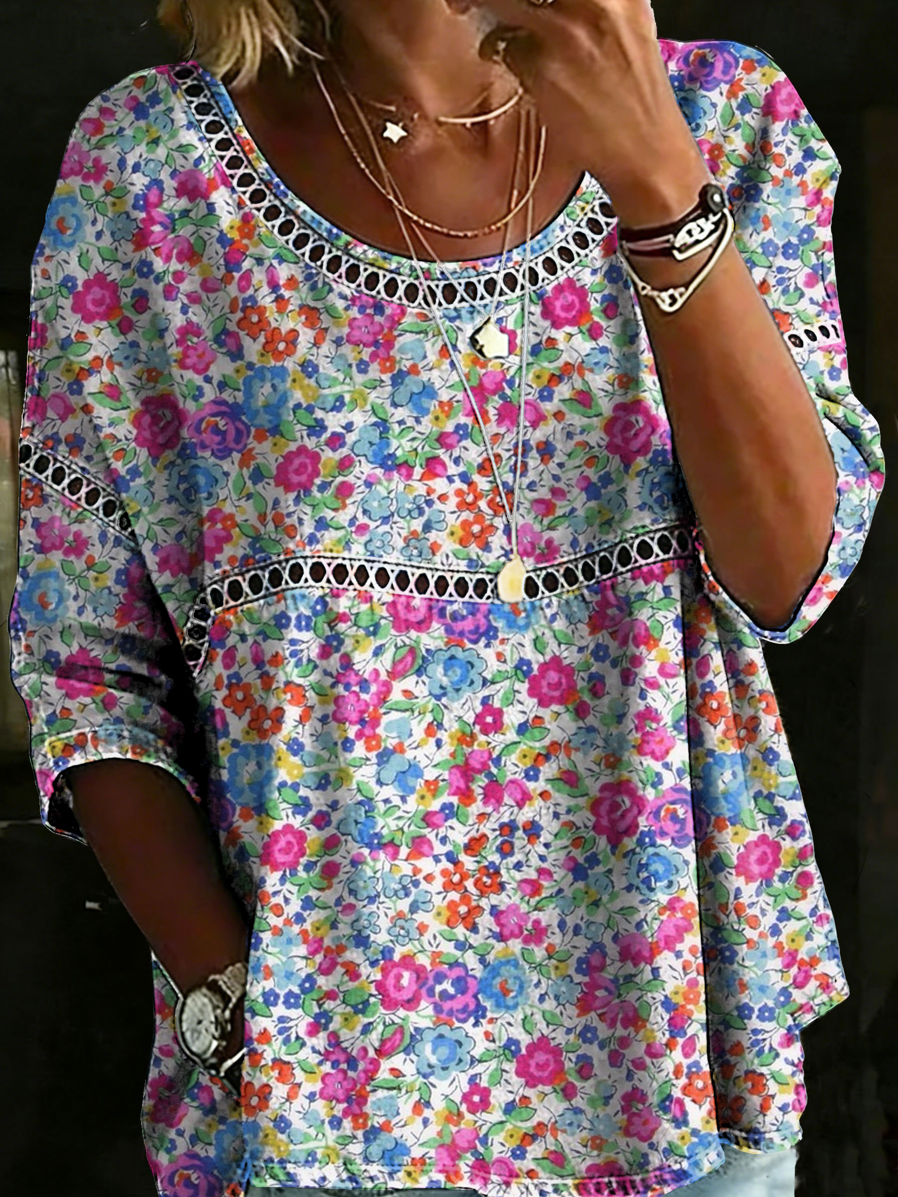 Women's Vintage Flower Casual Loose Denim Blouse Shirt