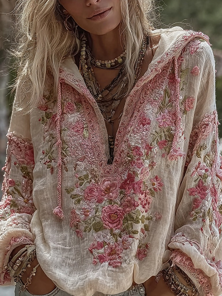 Women's Vintage Floral Embroidery Pattern Warm V-neck Hoodie