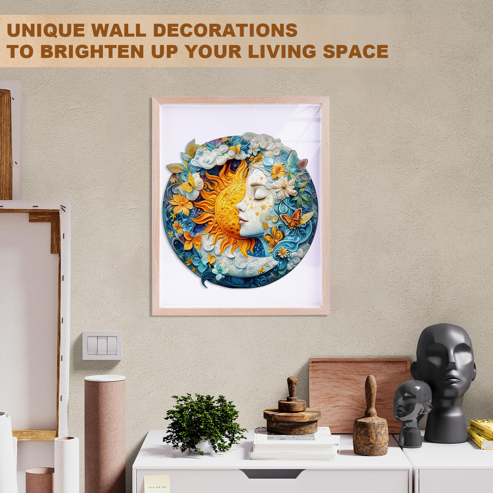 Moon sun and girl Wooden Jigsaw Puzzle