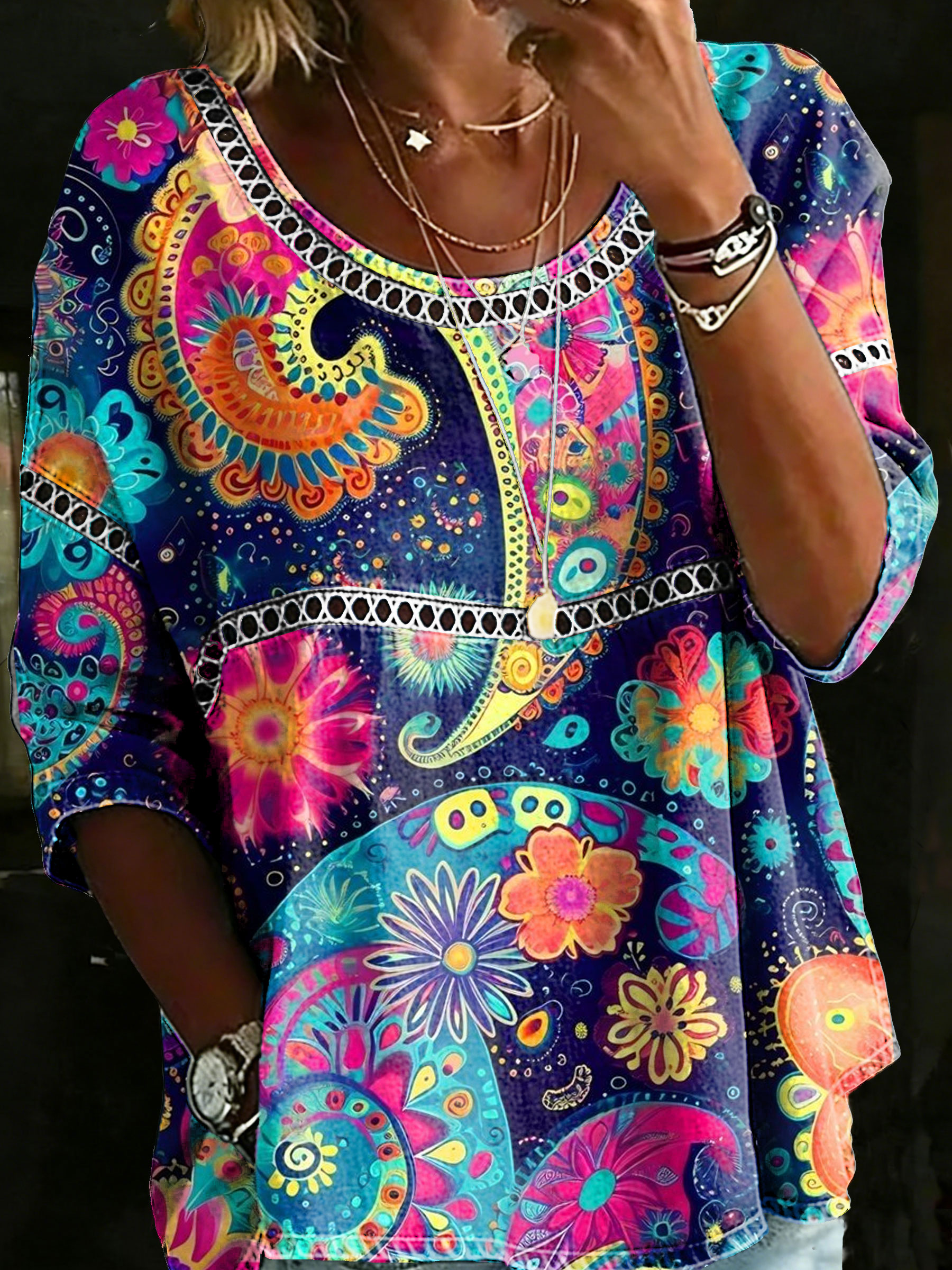 Women's Vintage Ethinic Casual Loose Denim Blouse Shirt