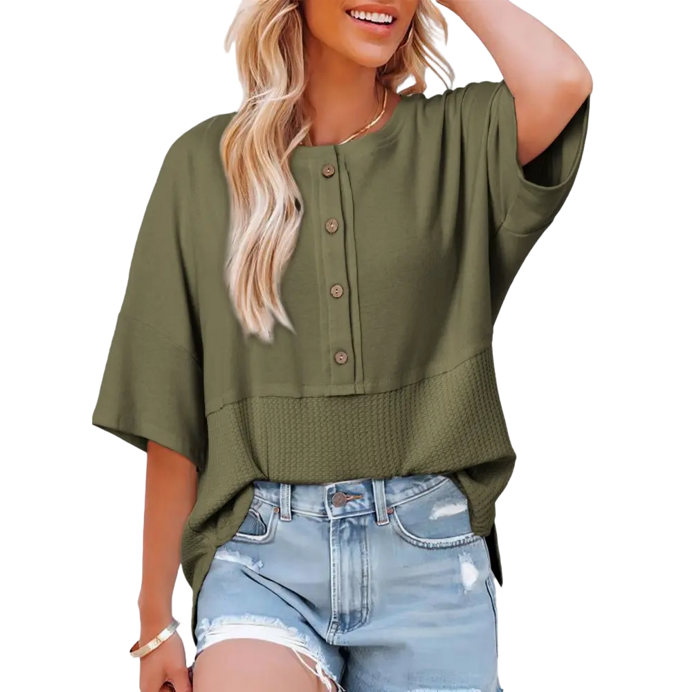 Women’s Waffle Knit Oversized Casual Blouse – 3/4 Sleeve