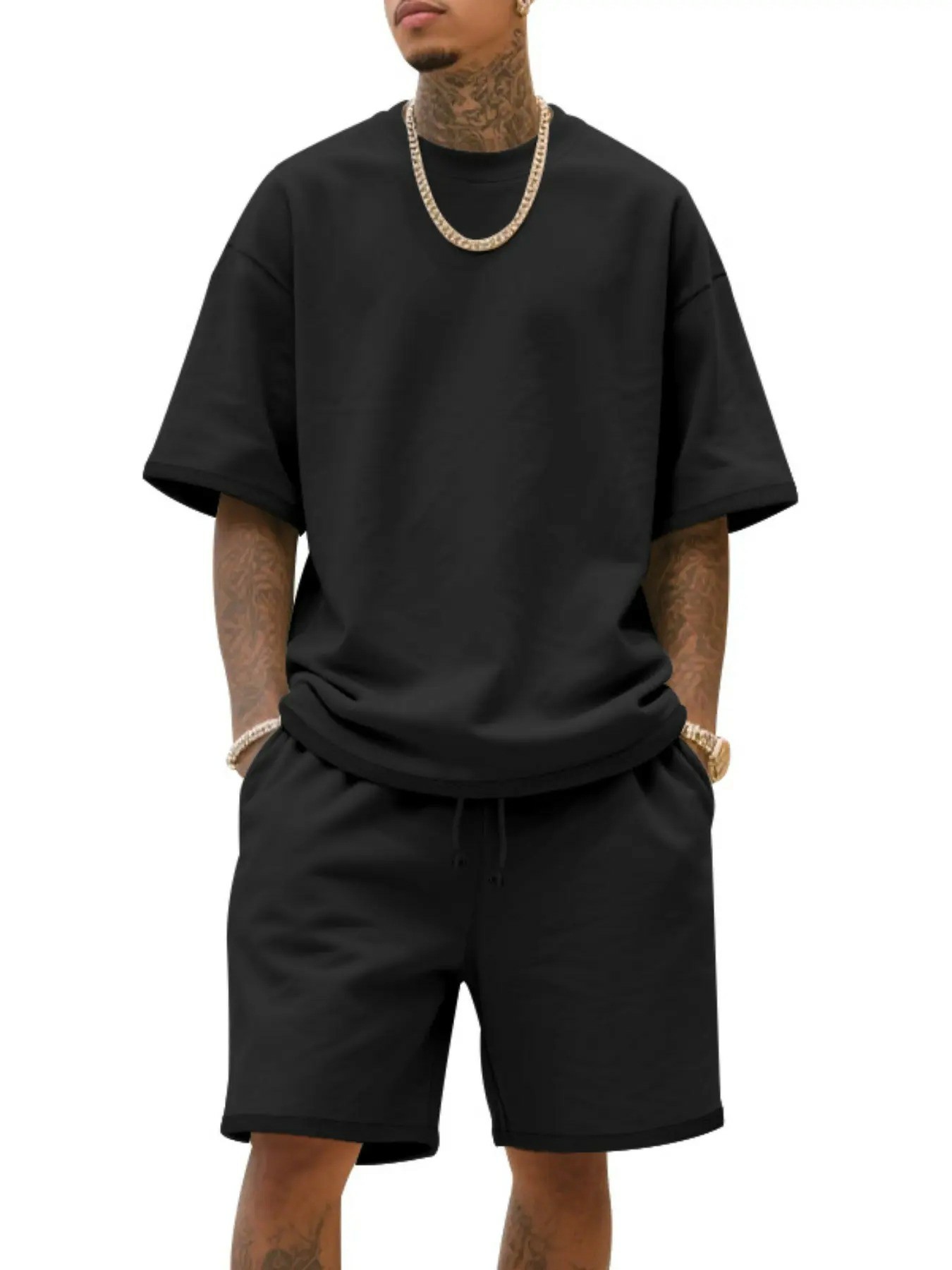 Men's Summer Casual Set, Pure Color Round Neck Short Sleeve Tee & Shorts