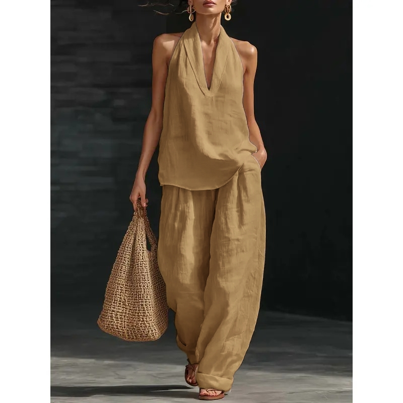 Women's Boho Linen 2 Piece Set - Halter Sleeveless Top & Wide Leg Pants for Beach, Vacation & Brunch