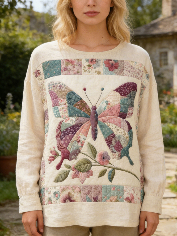 Boho Butterfly & Floral Patchwork Pattern Women's Linen Long Sleeve Shirt