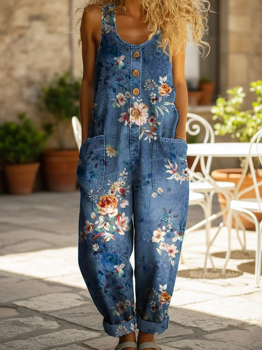 Women's Art Flower Print Casual Denim Jumpsuit