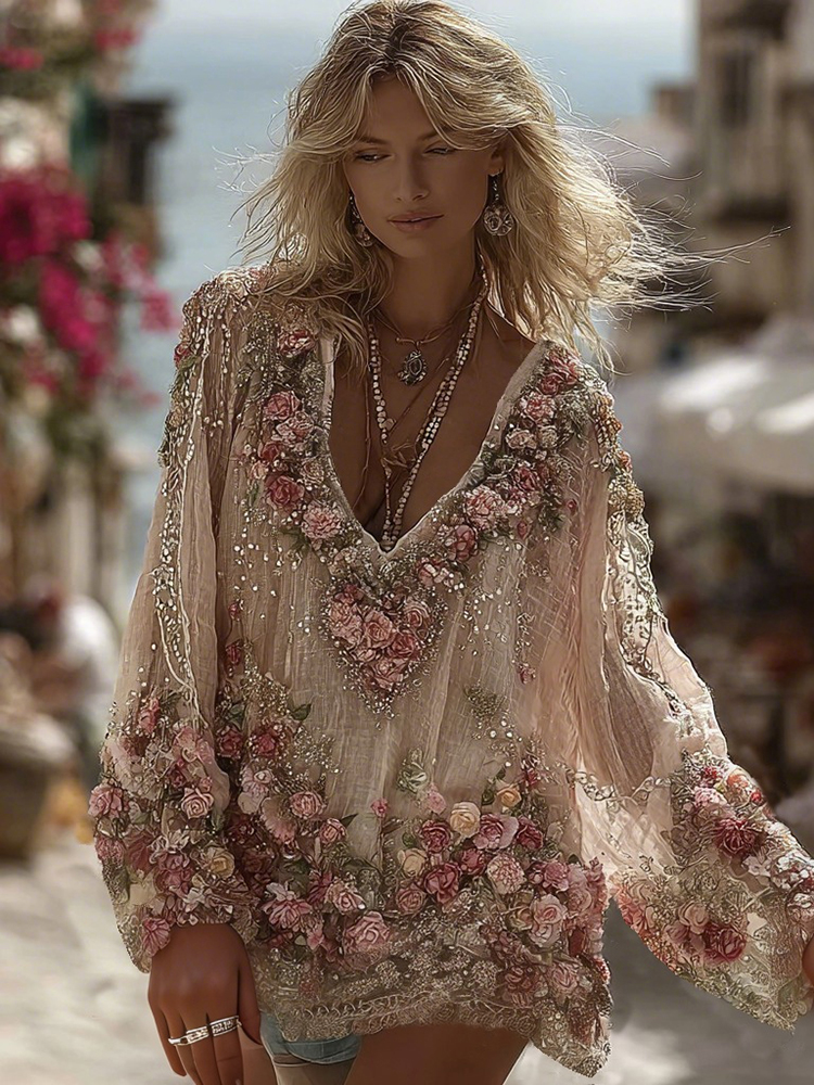 Vintage Rose Diamond Embroidery V-neck Long Sleeve Shirt