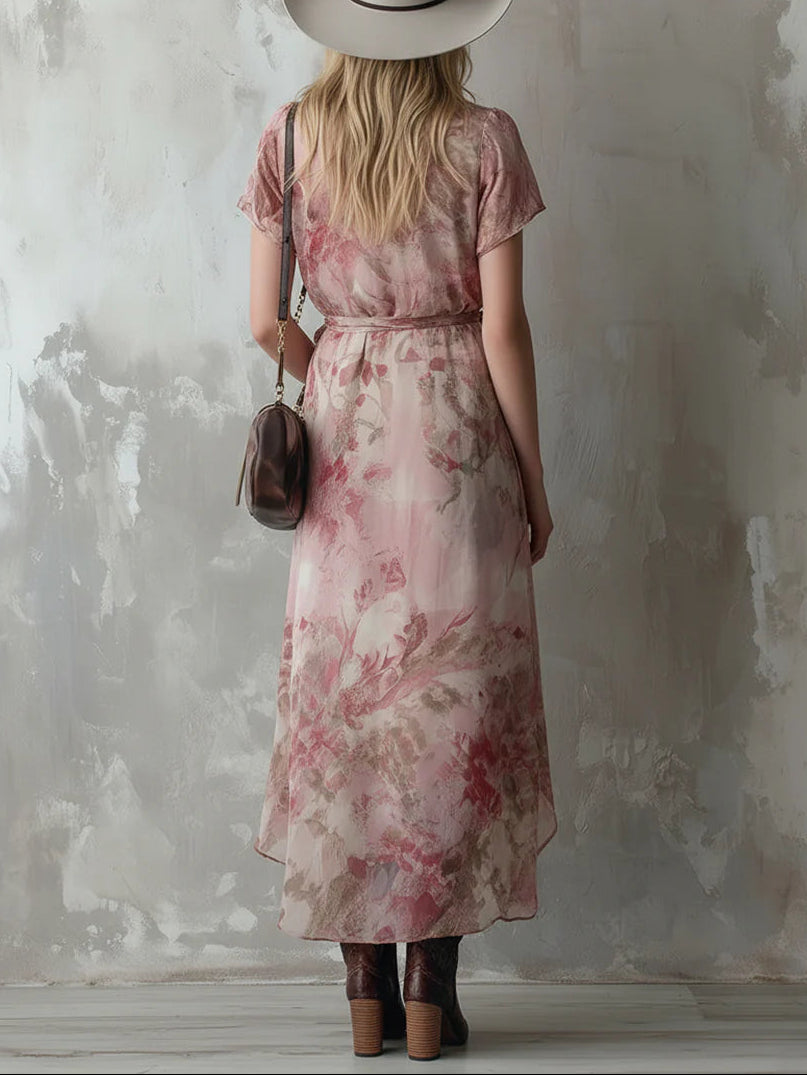 Romantic pink floral chiffon wrap dress with short sleeves