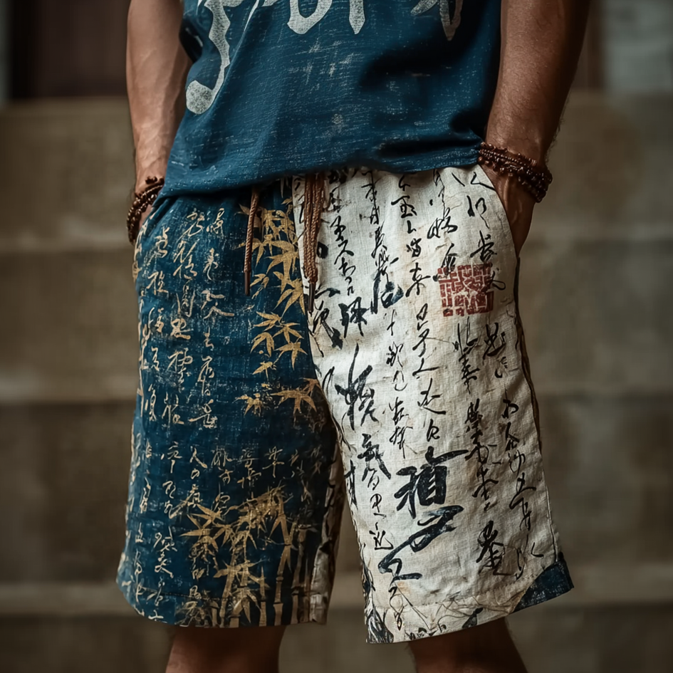 Japanese Art Retro Line Art Linen Casual Shorts