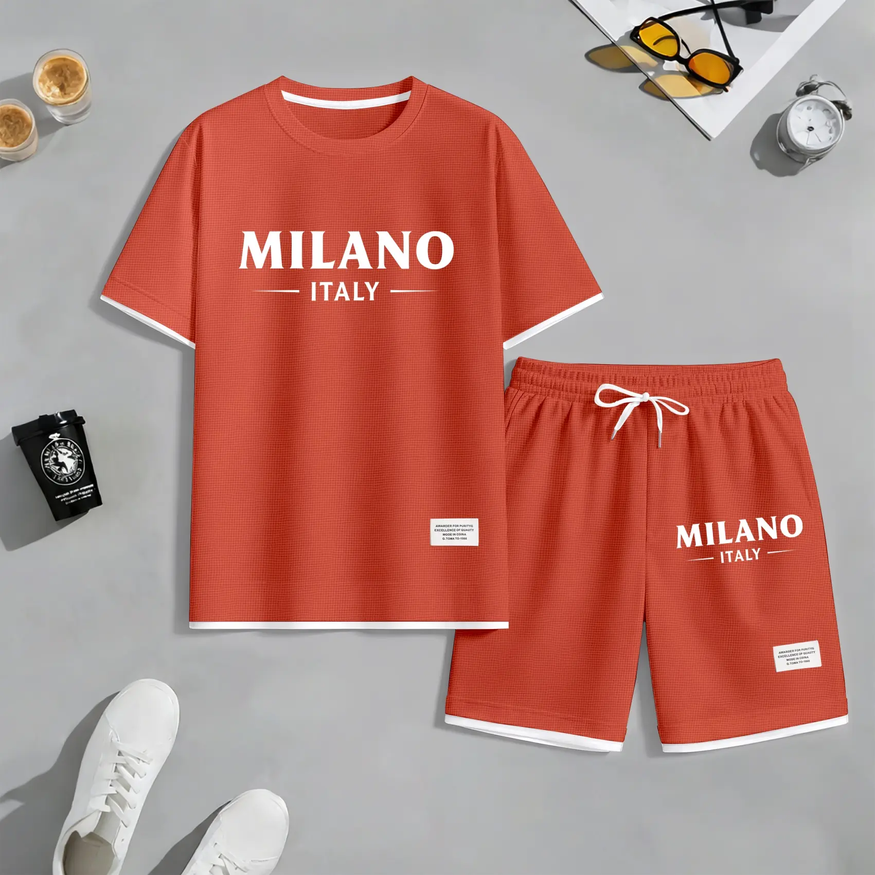 Men's Polo Print Drawstring Shorts Set For Spring/Summer