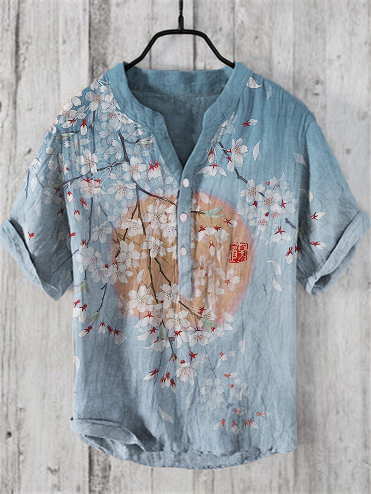 Cherry Blossom Full Moon Japanese Art Linen Blend Shirt