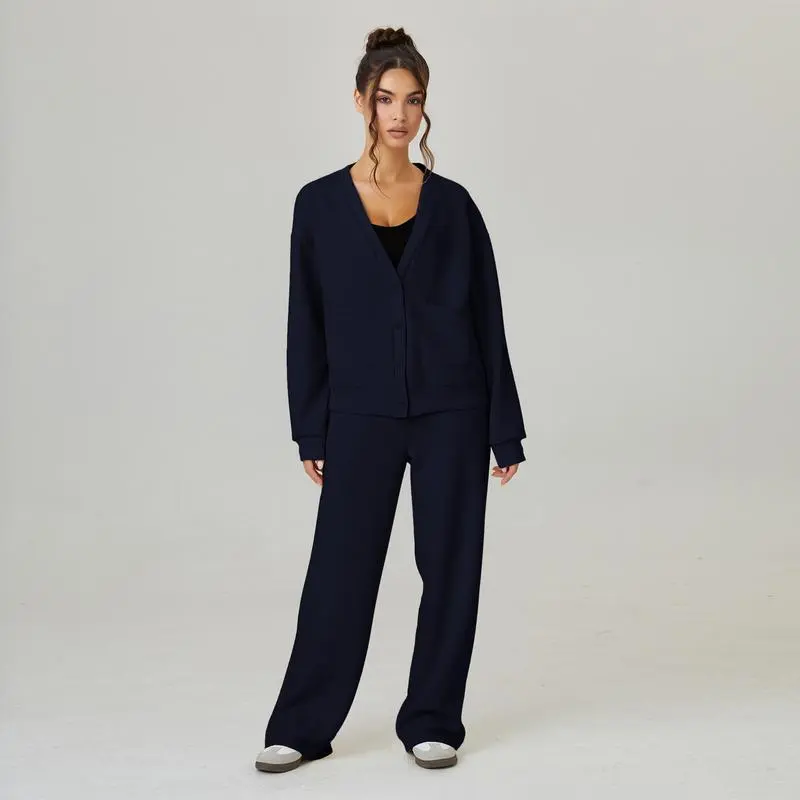 Women's Slouchy V-Neck Button Cardigan & Drawstring Pants Two-Piece Set