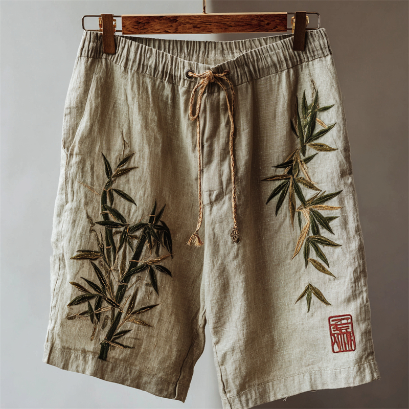 Vintage Japanese Bamboo Embroidered Linen Shorts