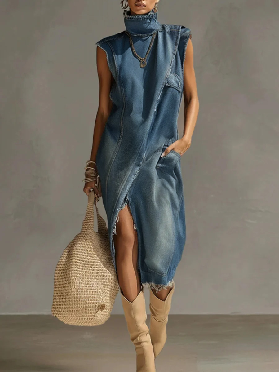 Women's Stand-collar Sleeveless Casual Loose Denim Dress