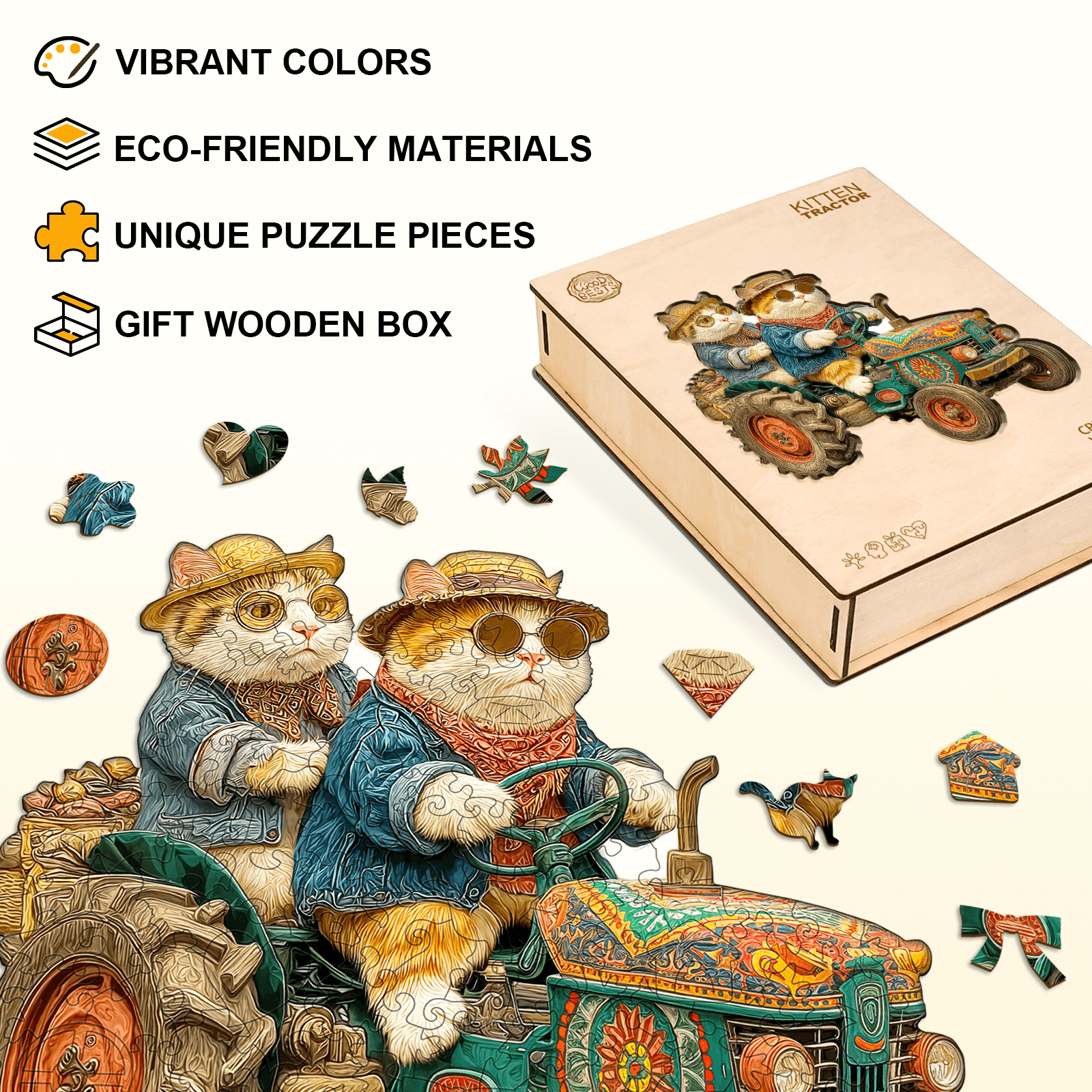 Kitten Tractor Wooden Jigsaw Puzzle