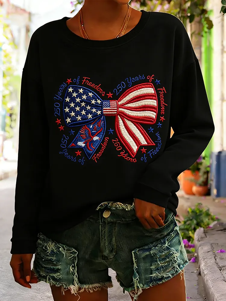 250 Years Of Freedom American Flag Bow Embroidered Gradient Sweatshirt