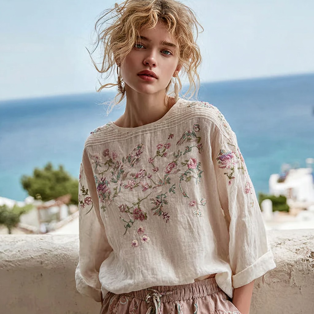 Women's Vintage Floral Embroidery Linen Crew Neck Long Sleeve T-shirt