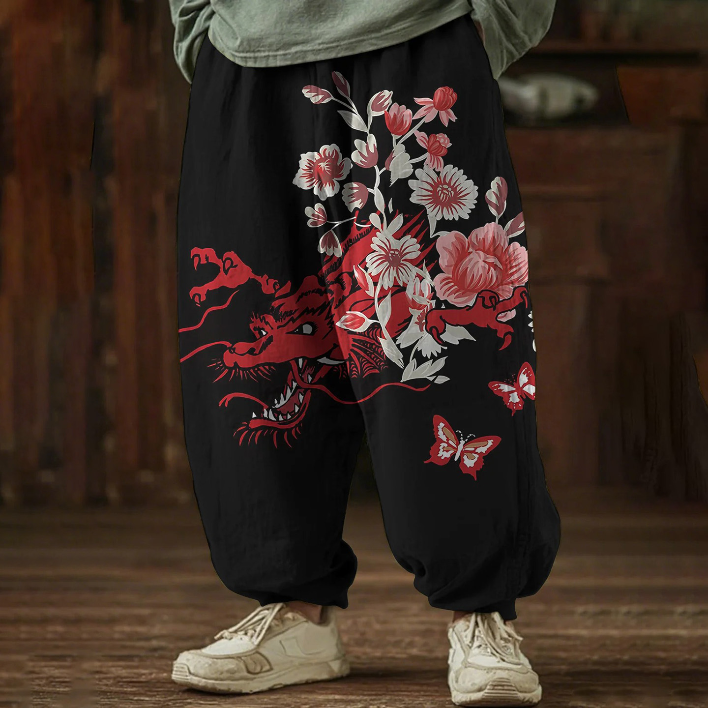Men's Dragon And Cherry Blossom Japanese Art Print Casual Pants