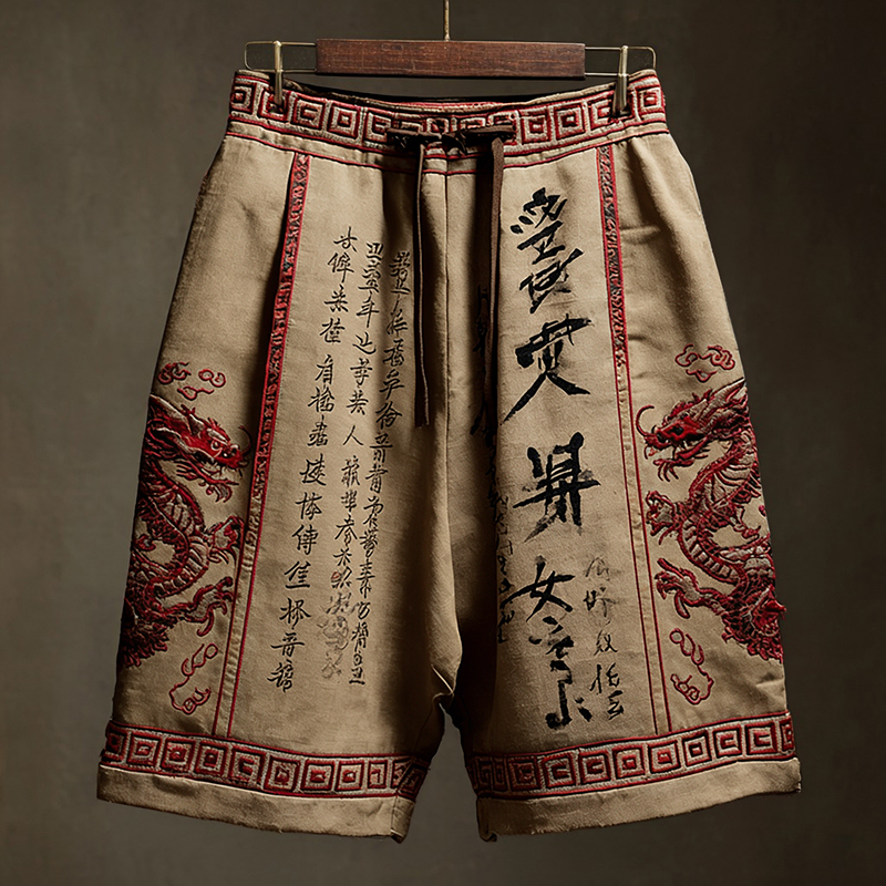 Men's Japanese Calligraphy And Dragon Art Linen Shorts