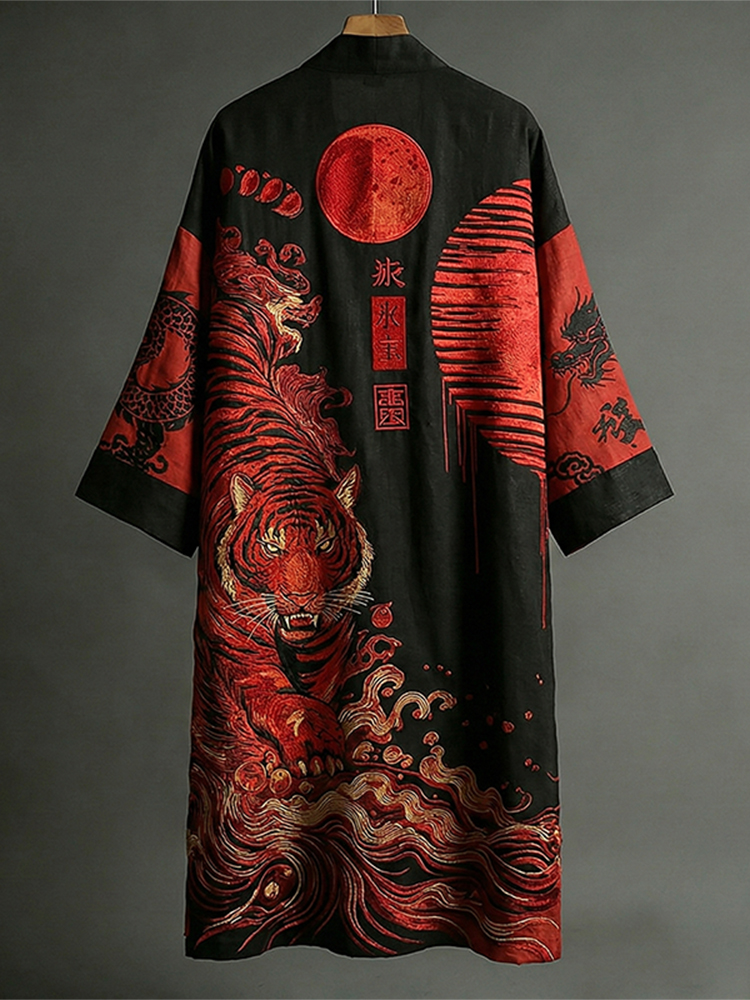 Men's Japanese Art Dragon And Tiger Pattern Linen Blend Kimono