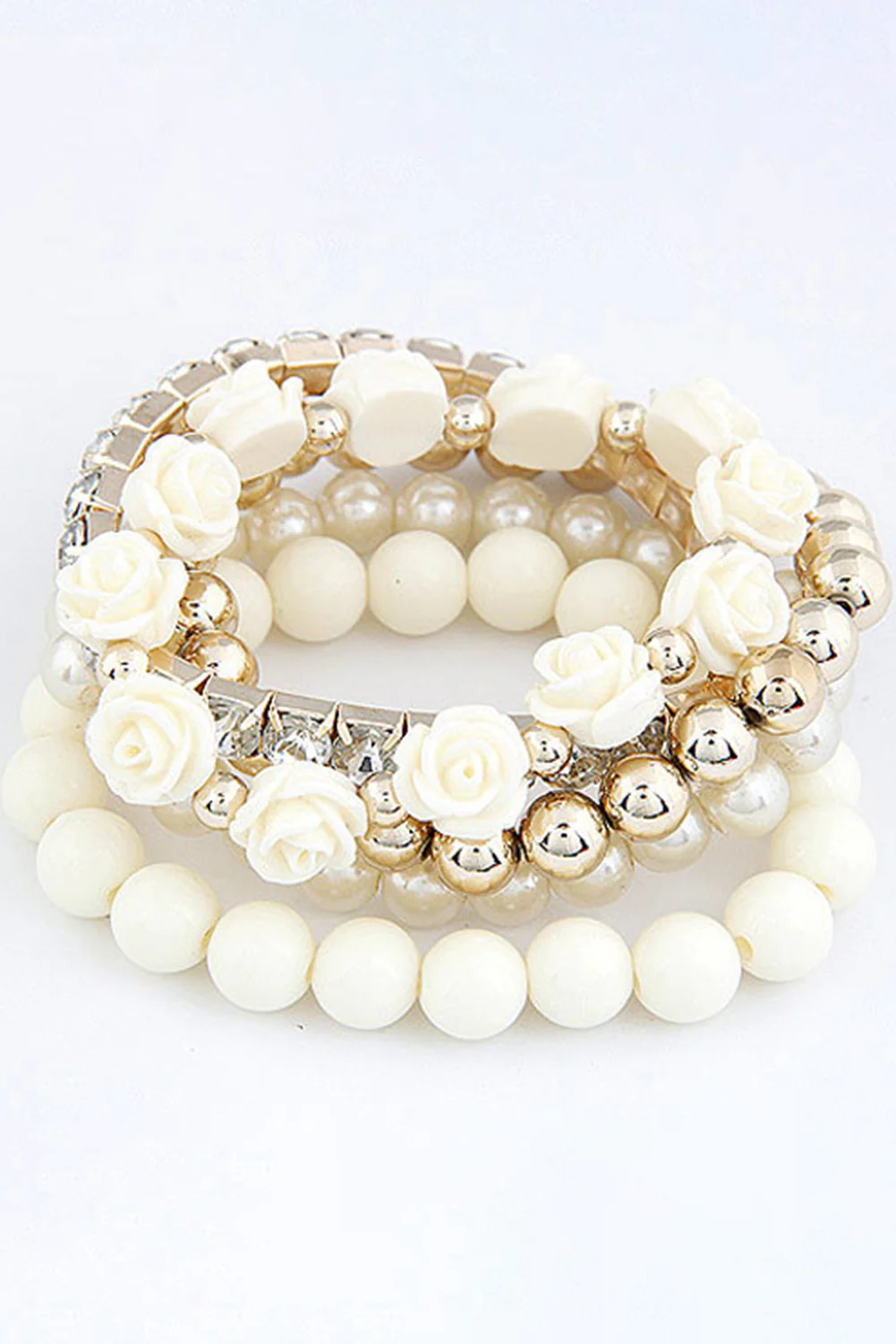 White Flower Rhinestone Beaded Multi Layer Bracelet Set