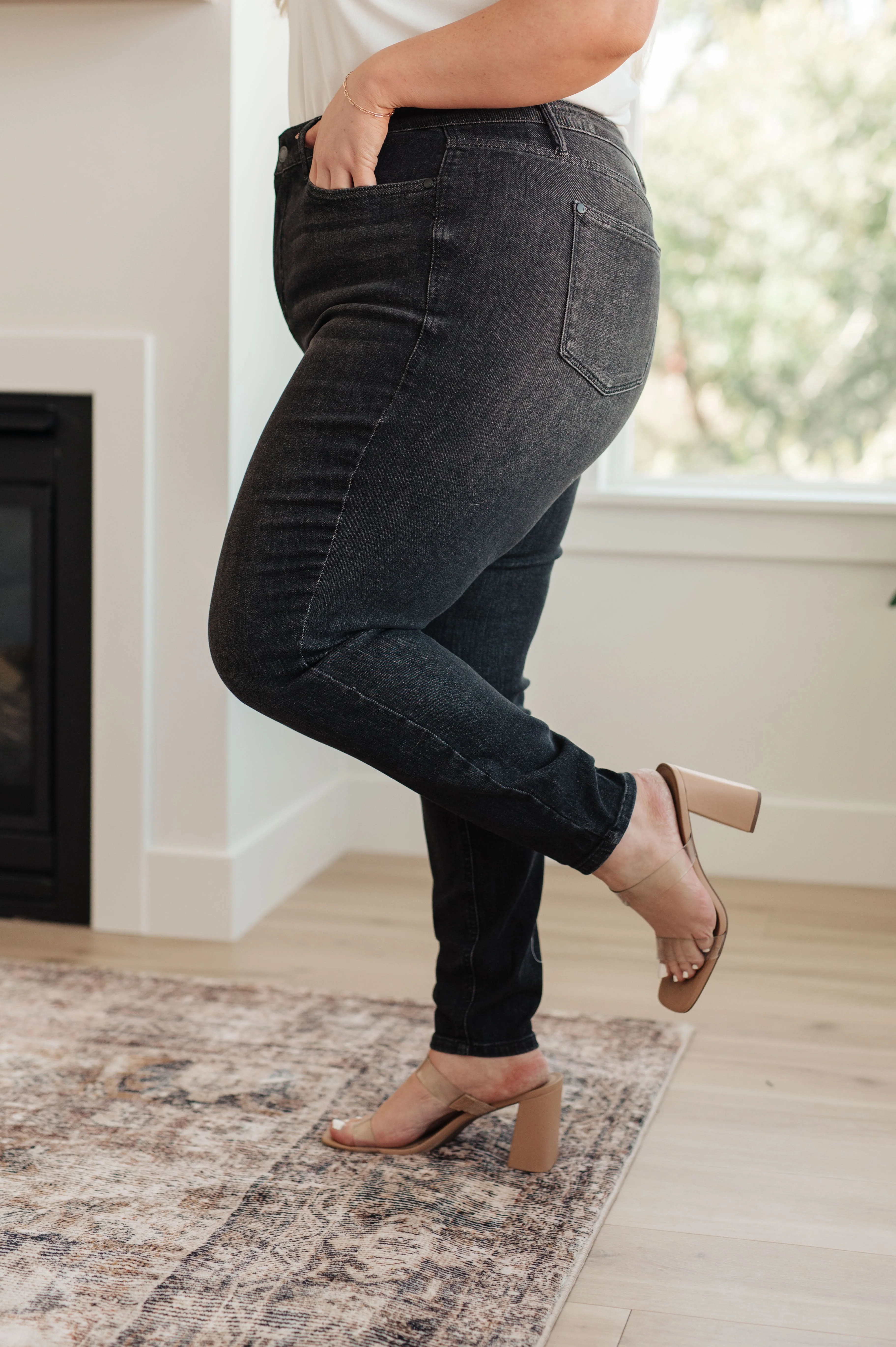 High Rise Control Top Skinny Jeans in Washed Black