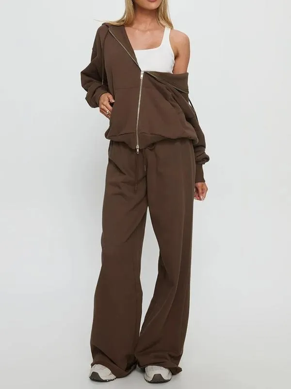 Women Fall Winter Long Sleeve Zipper Hoodie & Pants 2 Piece Set