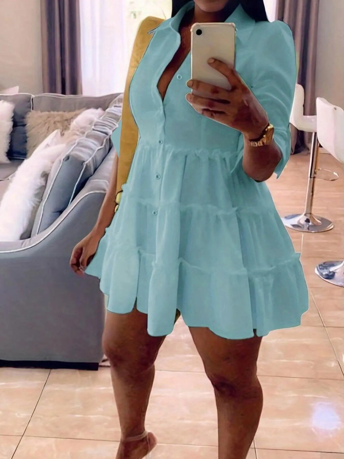 Elegant Frill Trim Button-Down Shirt Dress