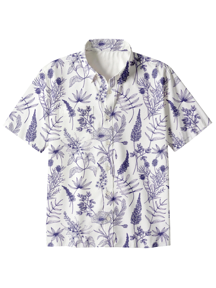Simple Botany Flowers Button Up Pocket Shirt