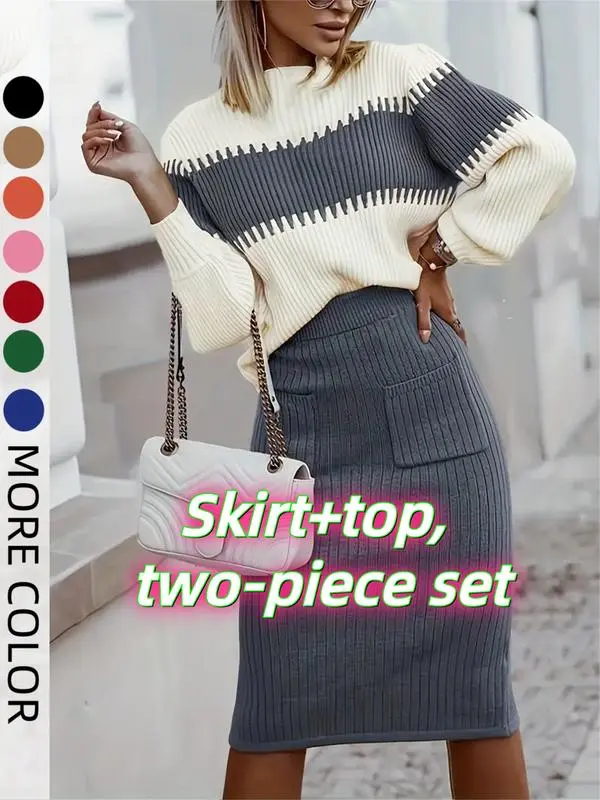 Women's Colorblock Bishop Sleeve Mock Neck Sweater & High Waist Skirt Set